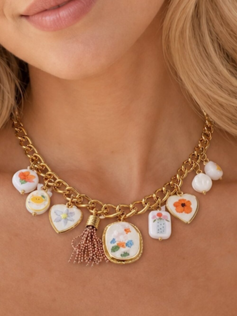 NWT Chunky Gold Stainless Steel Floral Charm Necklace • Embroidered Details